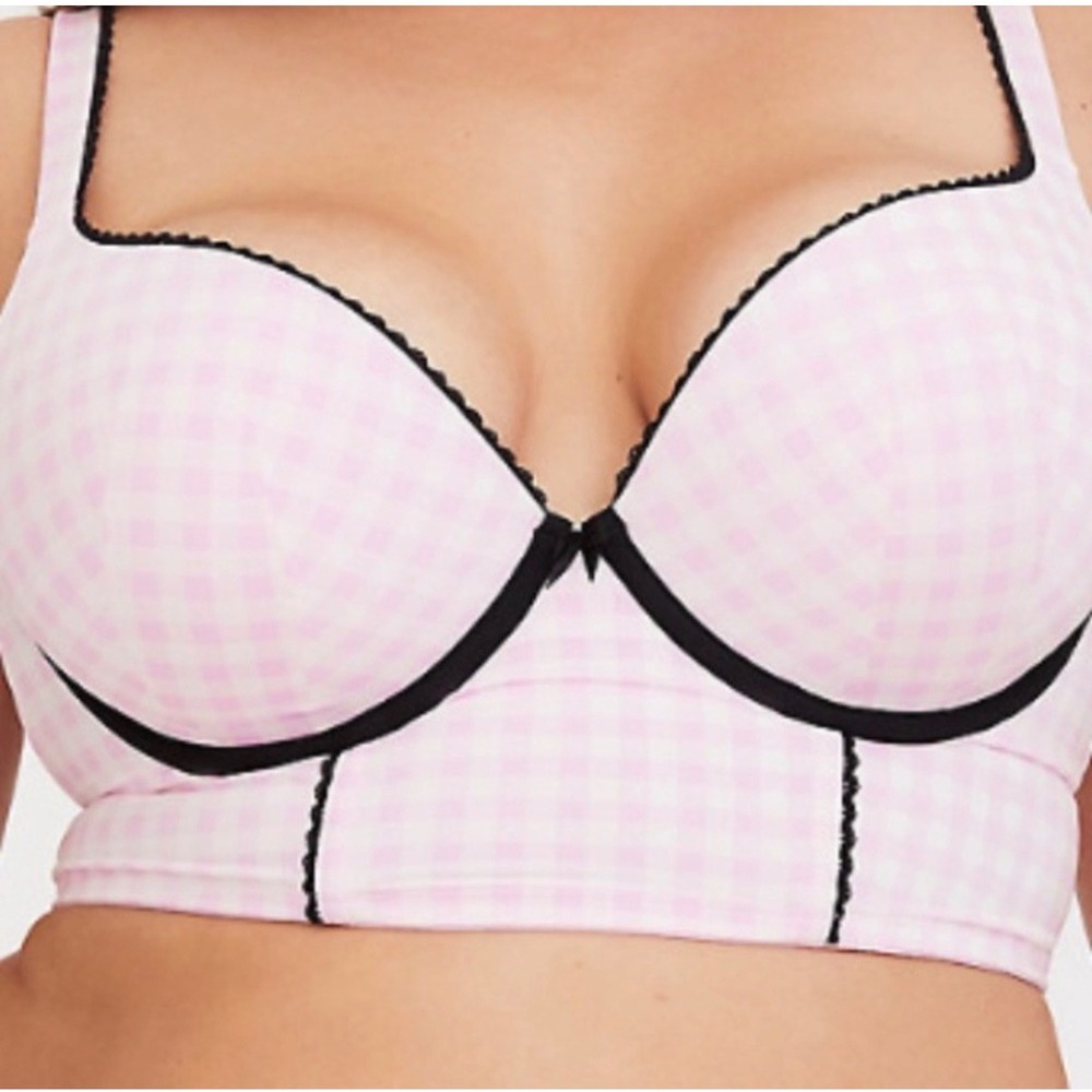 Torrid Pink Gingham Plunge Push Up Longline Bra 44D Black Trim Sexy Hot Lingerie